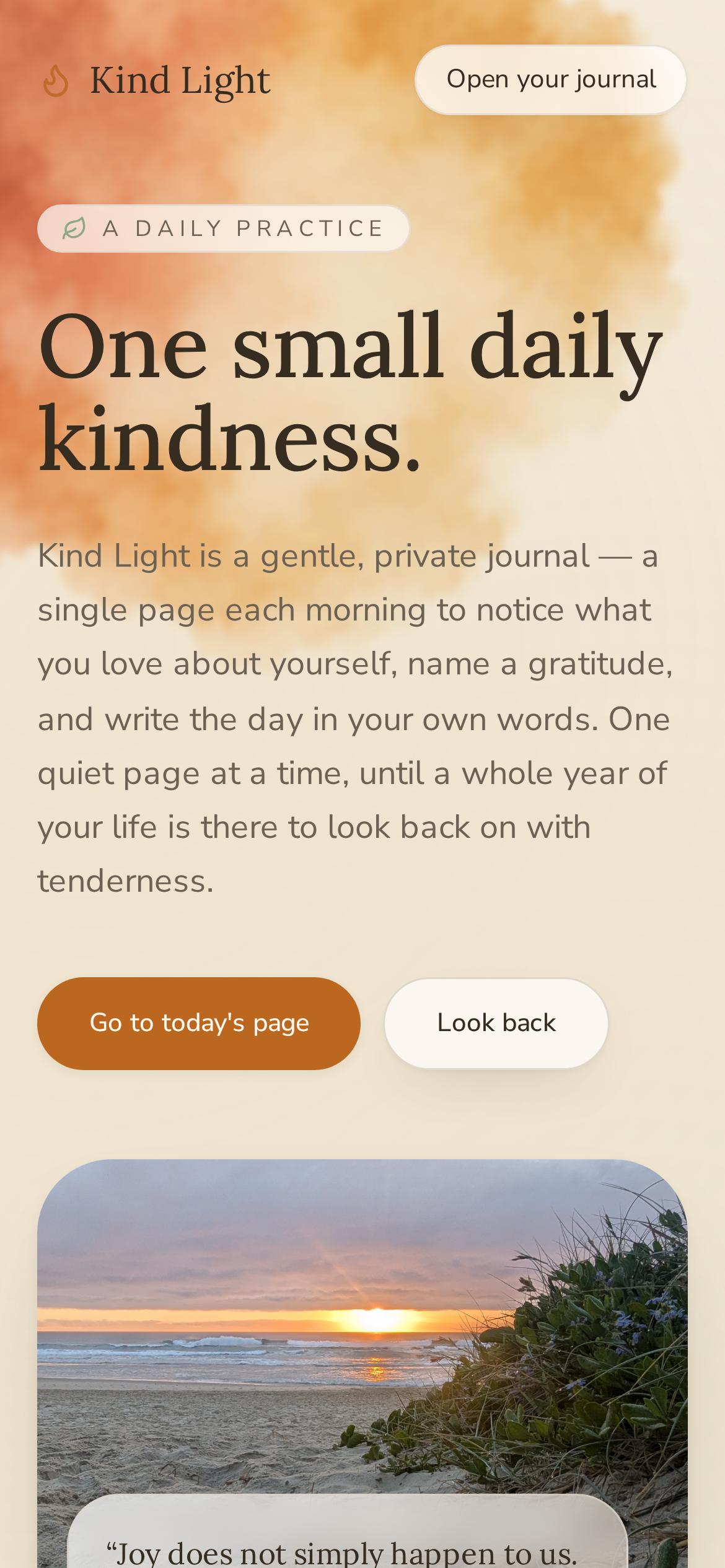 Kind Light welcome screen with a sunrise over water