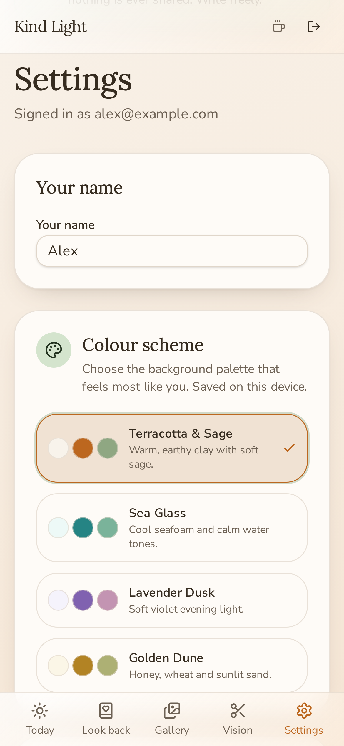 Kind Light personal settings and privacy choices