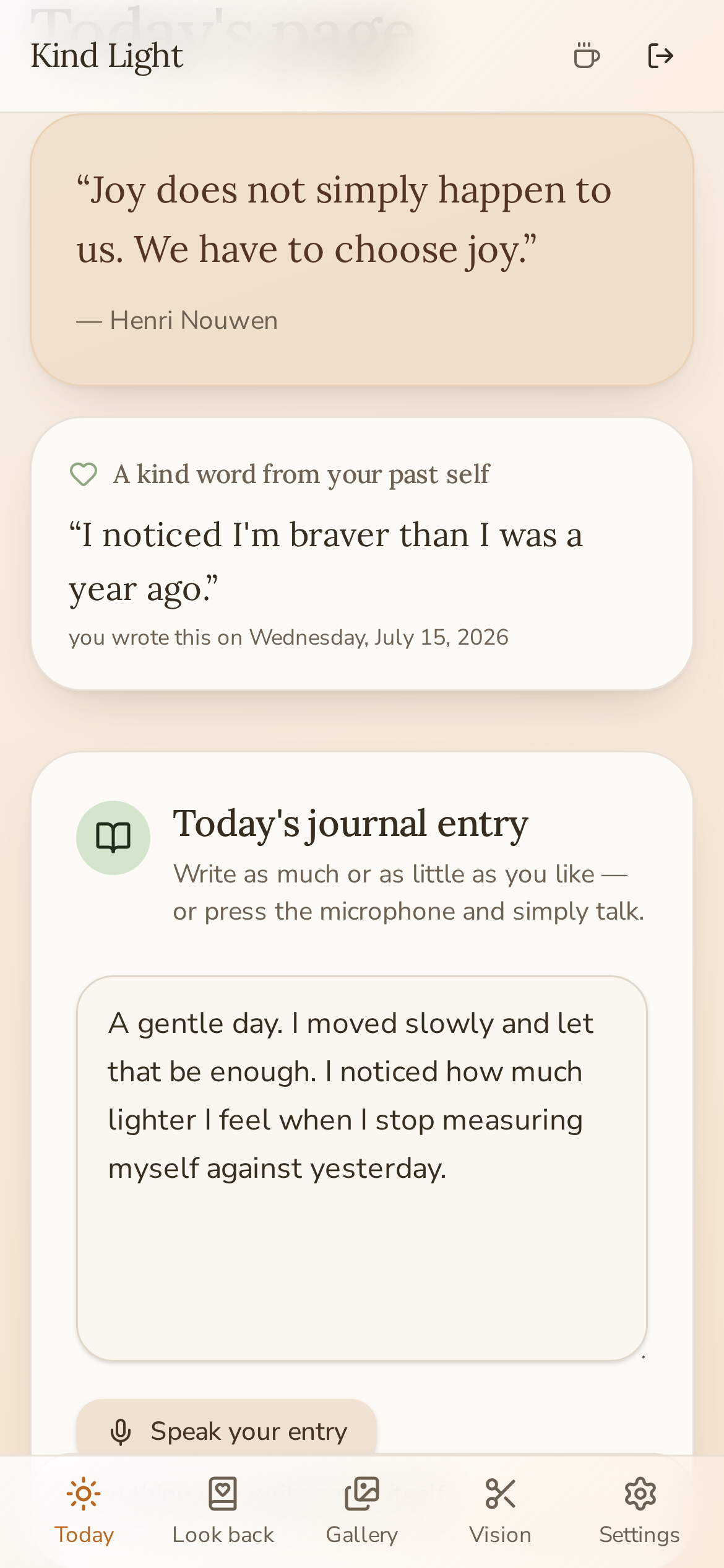 Today's private journal page and daily affirmation